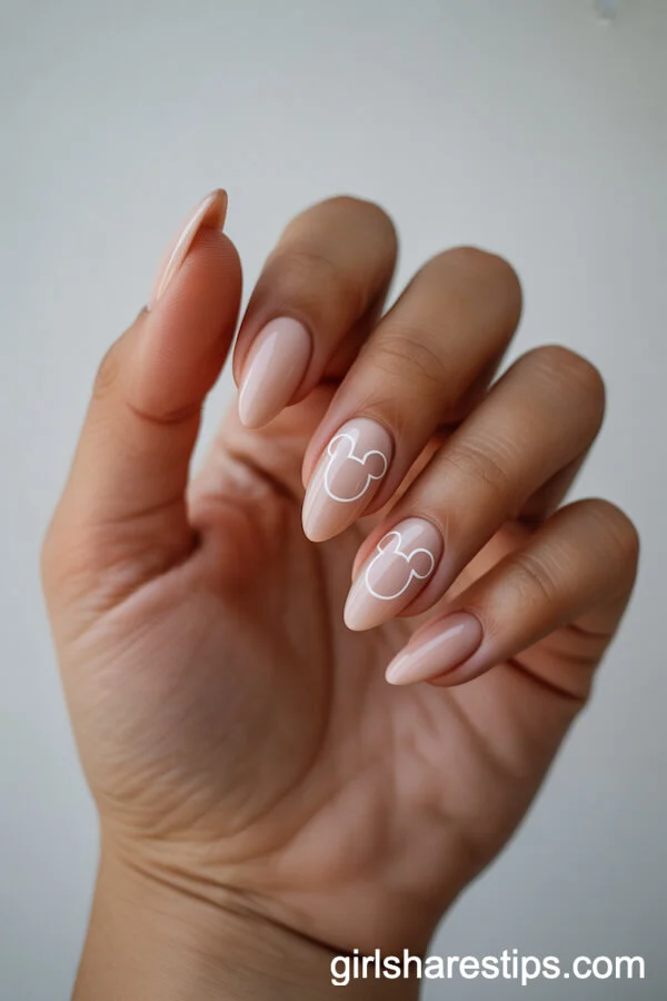Almond Nude and White Nails with Subtle Mickey Outline