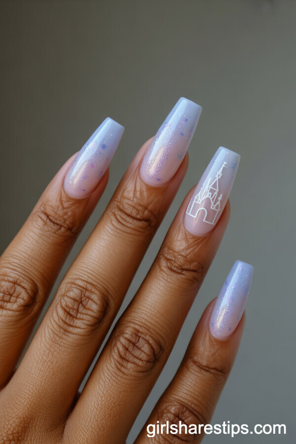 Blue-Lavender Coffin Nails with Holographic Disney Castle
