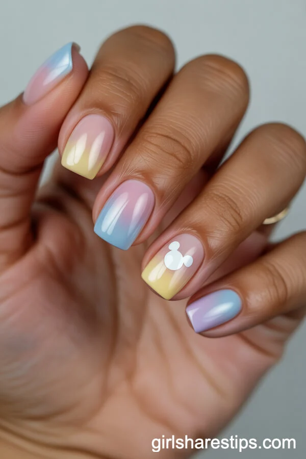 Pastel Gradient Square Nails with White Mickey Accent