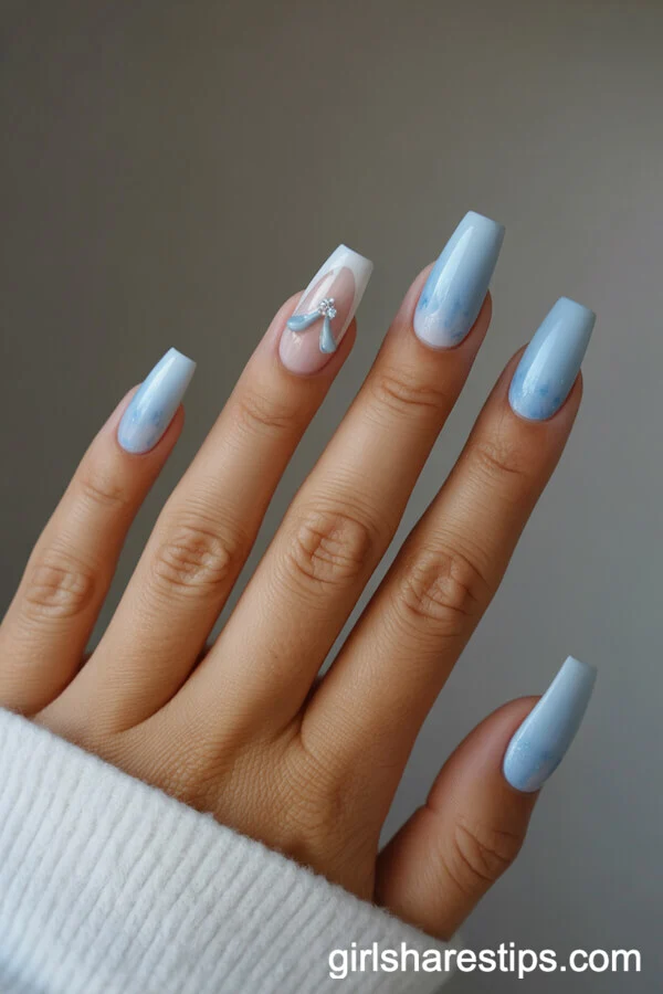 Cinderella Blue Gradient Coffin Nails with Glass Slipper Accent