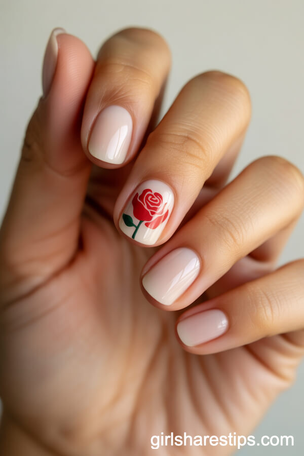 Short Beige Nails with Minimal Beauty and the Beast Rose