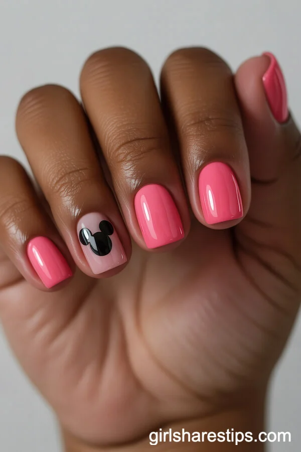 Bright Pink Short Nails with Glossy Black Mickey Ears