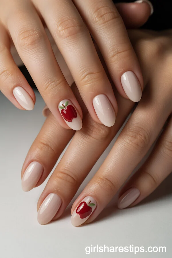 Neutral Almond Nails with Tiny Snow White Apple Detail