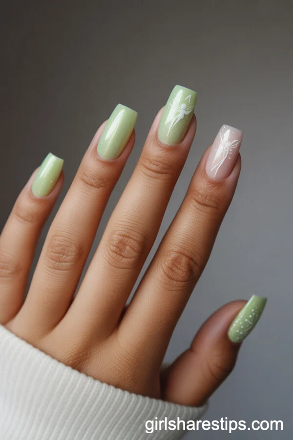 Pale Green Shimmer Square Nails with Tinker Bell Fairy Dust