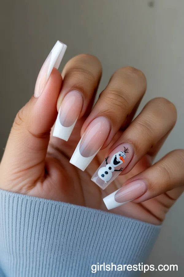 Frosted French Coffin Nails with Olaf Silhouette