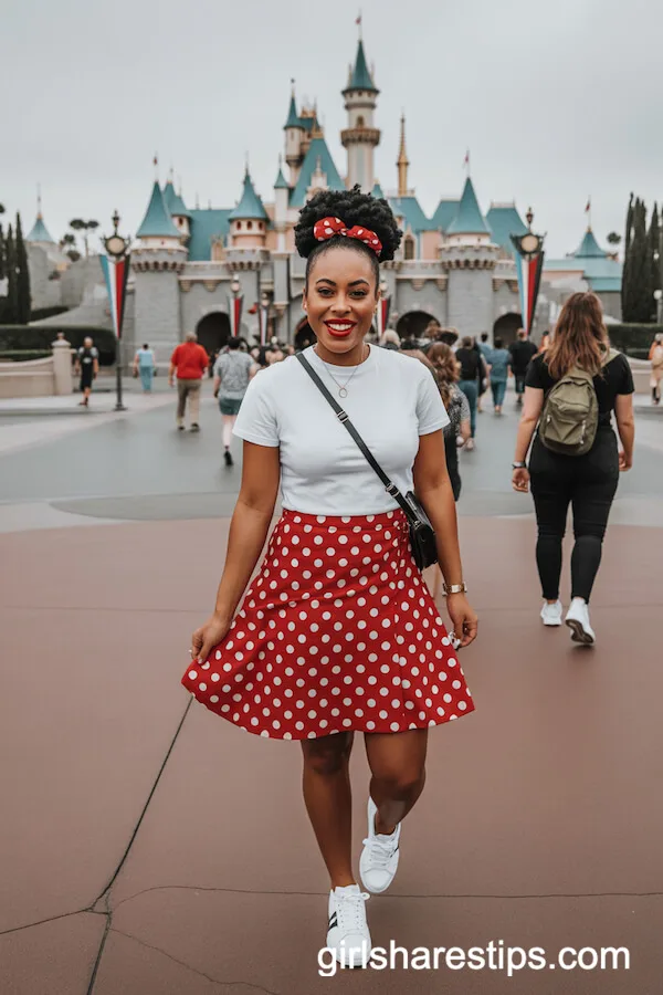 Minnie-Inspired Polka Dot Skirt with White Tee and Sneakers