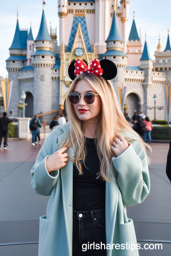 Classic Minnie Mouse Ears with Light Blue Coat and Black Jeans