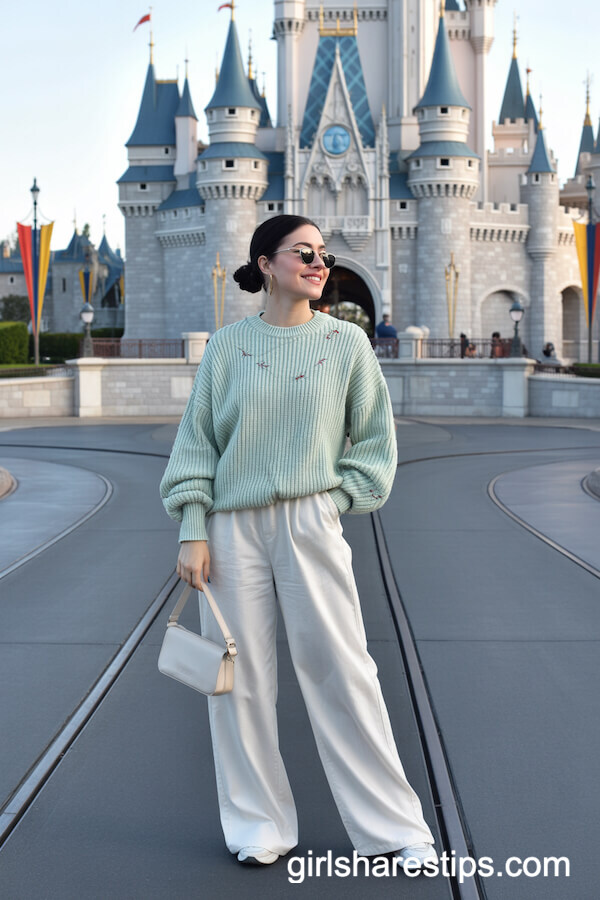 Mint Green Embroidered Sweater with White Wide-Leg Pants