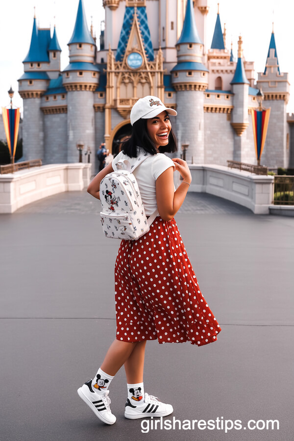Red and White Polka Dot Midi Skirt with Mickey Mouse Socks