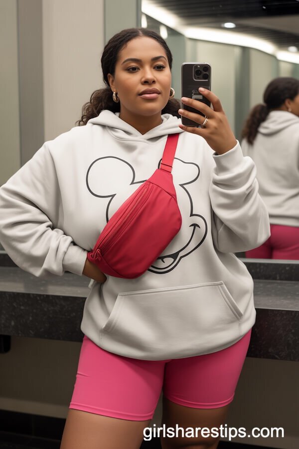 White Hoodie with Mickey Outline and Bright Pink Shorts