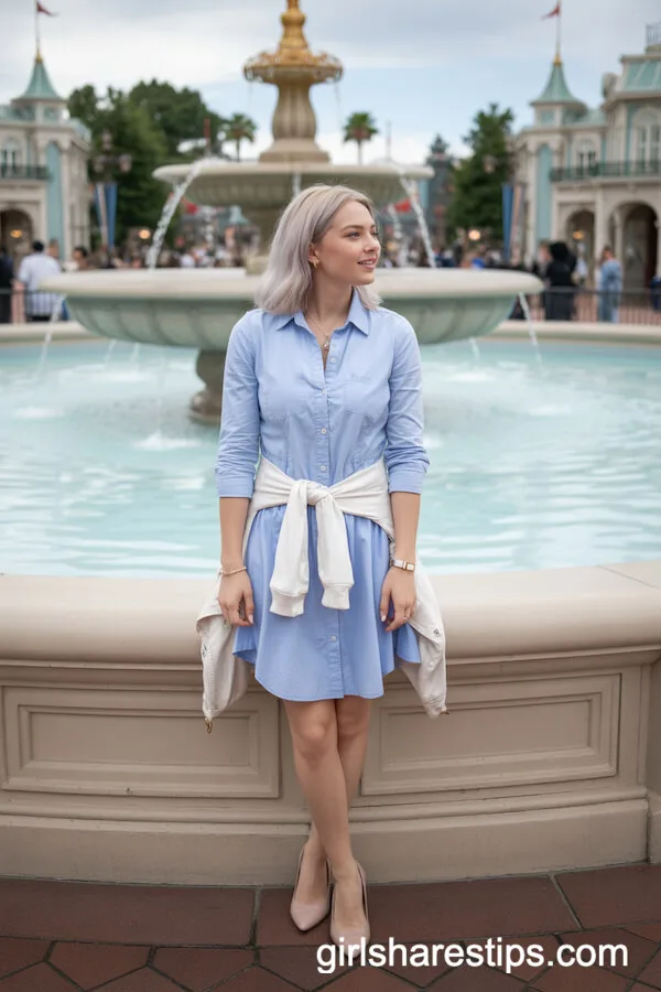 Pastel Blue Shirtdress and White Denim Jacket for a Fresh Disney Look