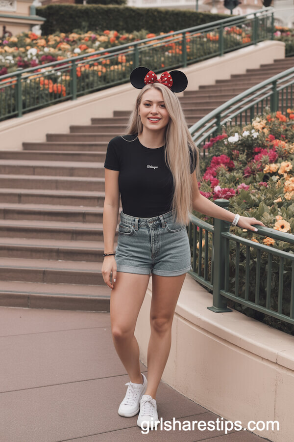 Black T-Shirt and High-Waisted Denim Shorts with Mickey Mouse Ears