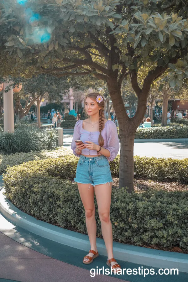 Boho Rapunzel Look with Lilac Top and High-Waist Denim Shorts