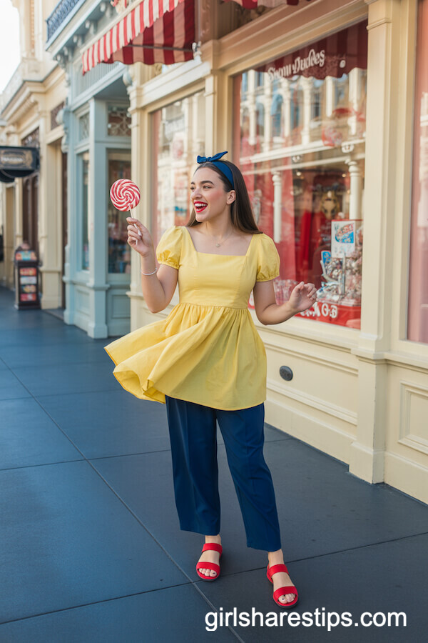 Snow White-Inspired Yellow Top with Navy Pants and Red Sandals
