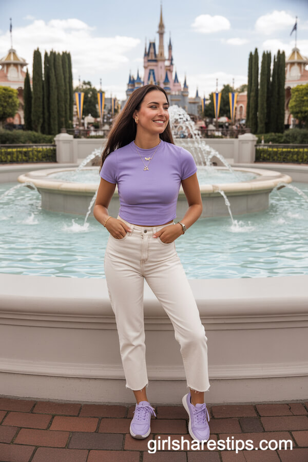 Megara-Inspired Violet Tee and White Cropped Jeans