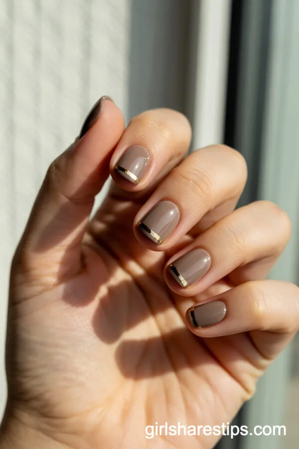 Sandy Taupe Square Nails with Thin Gold Lines
