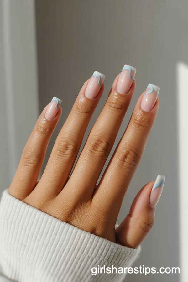 Blush Base Square Nails with Fine Pastel Blue Wave Design