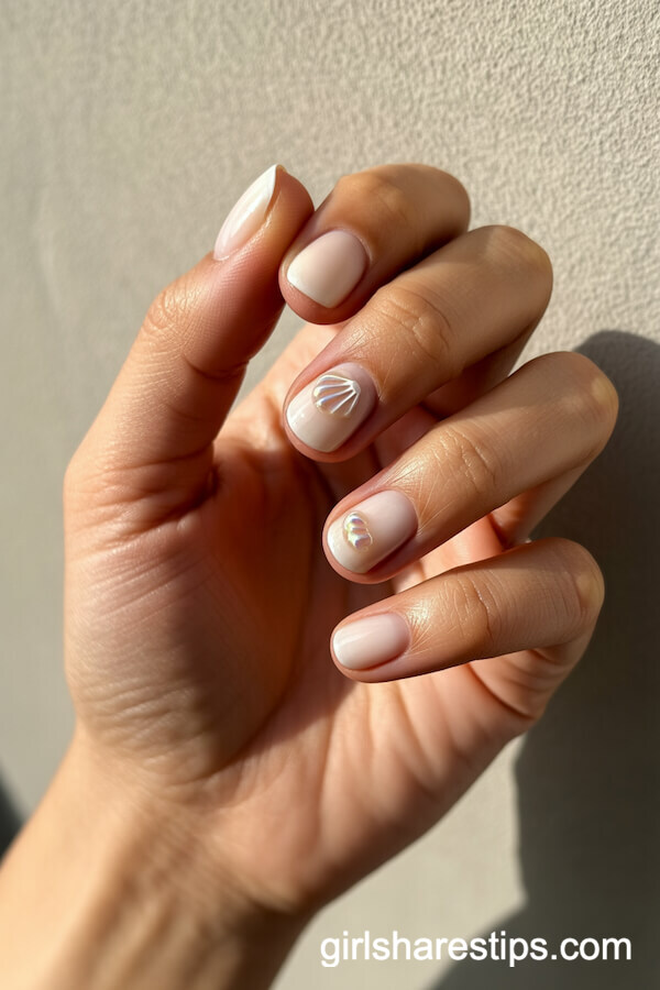 Milky White Round Nails with Iridescent Shell Dots