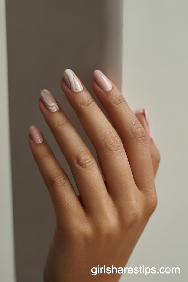 Blush Nails with Beige-White Marble Pinky Accent
