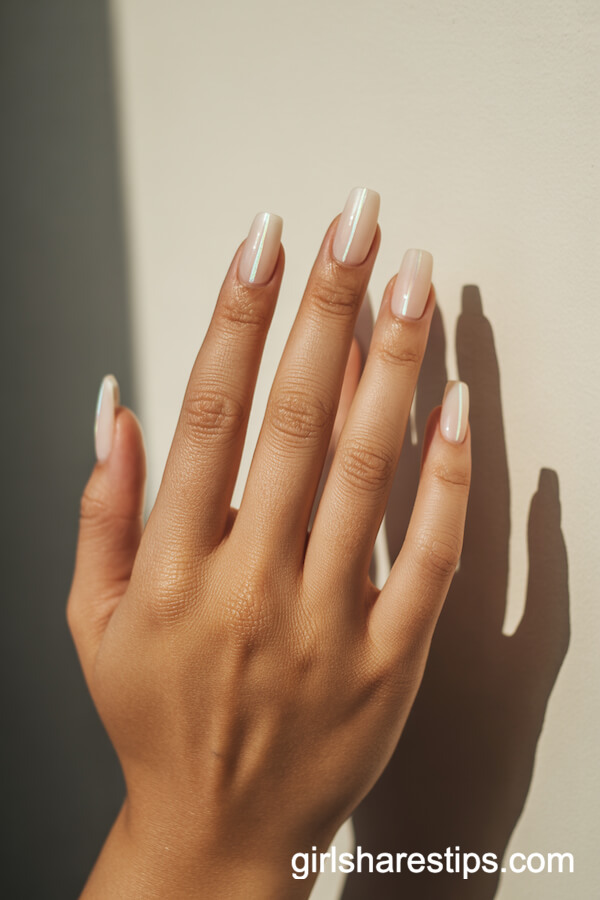 Soft Beige Square Nails with Iridescent Vertical Stripes