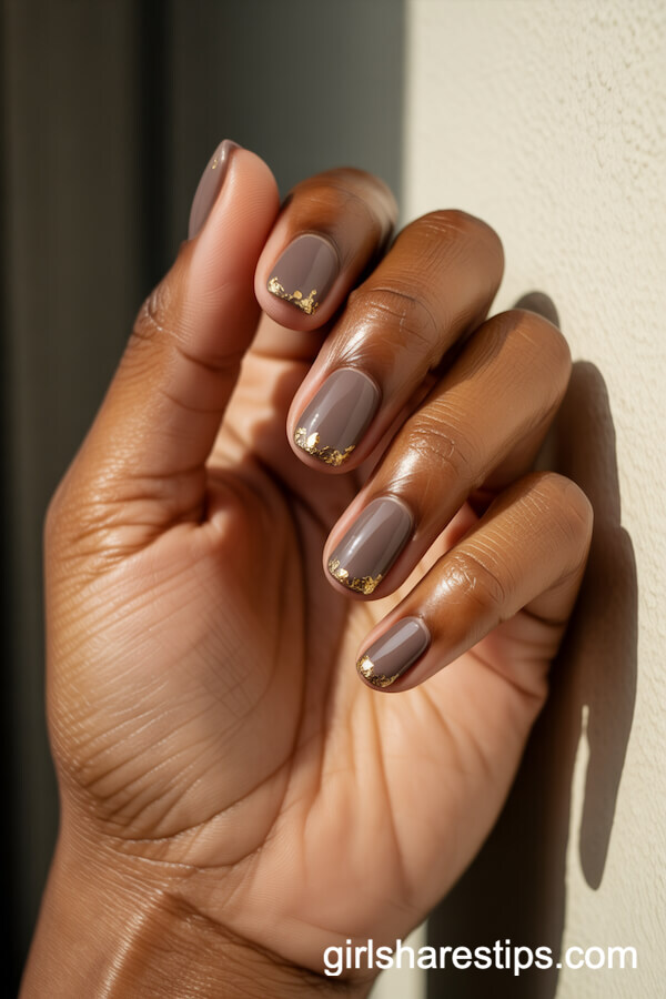 Taupe Square Nails with Gold Foil Scatter at the Cuticle