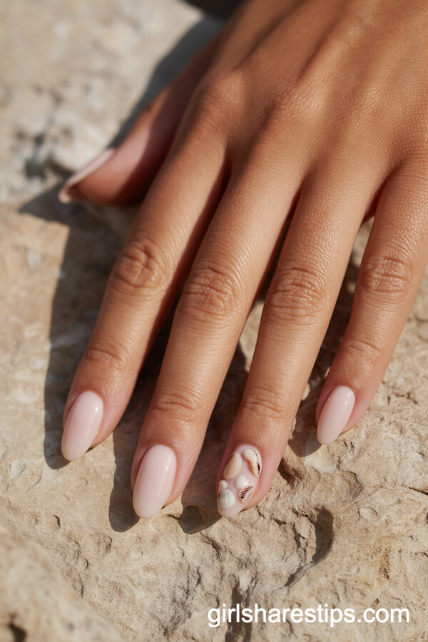 Nude Almond Nails with Tiny Embedded Seashell Accent