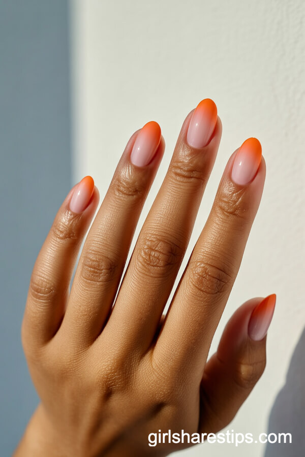 Coral to Sunset Orange Ombre Gradient Oval Nails
