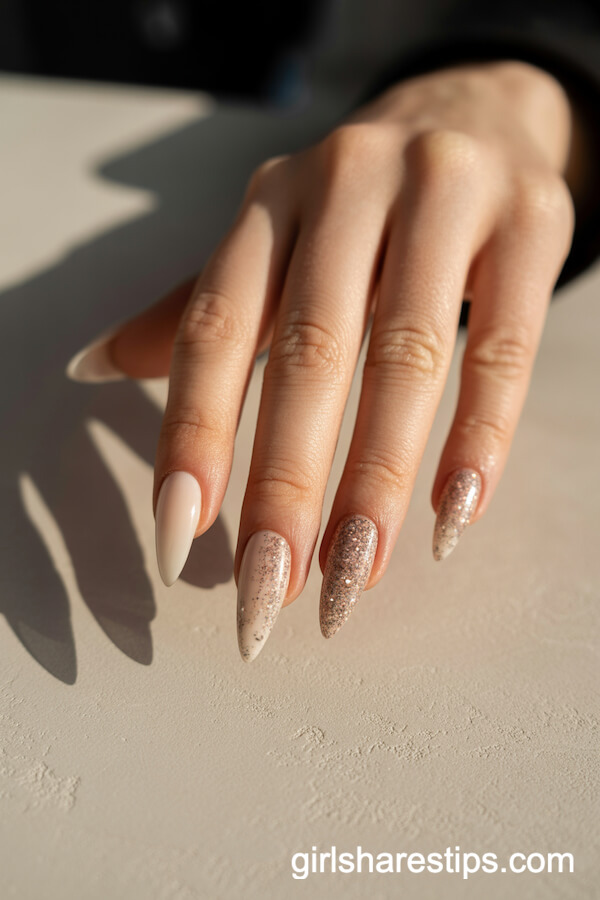 Beige to Sparkling Sand Glitter Ombre Stiletto Nails