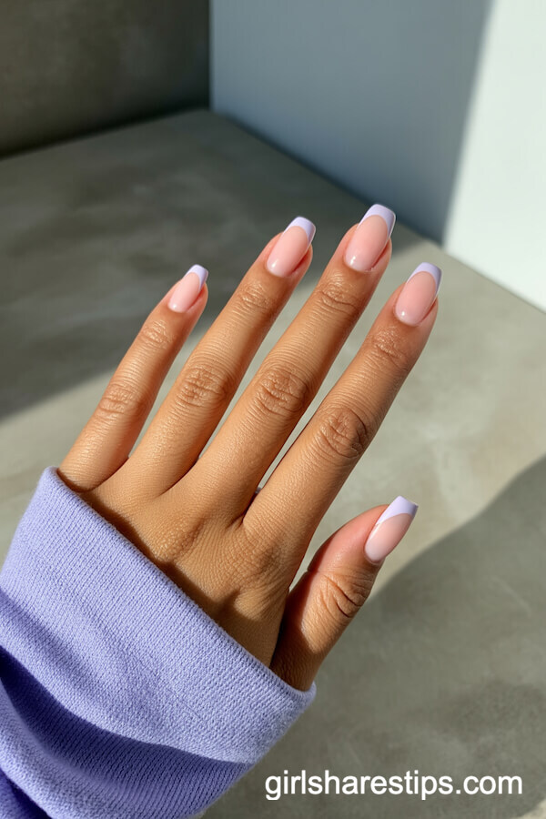 Sheer Base Squoval Nails with Ultra-Thin Lavender French Tips