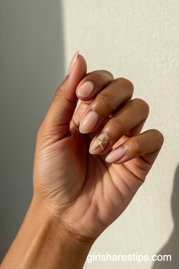 Nude Almond Nails with Subtle Gold Starfish Accent