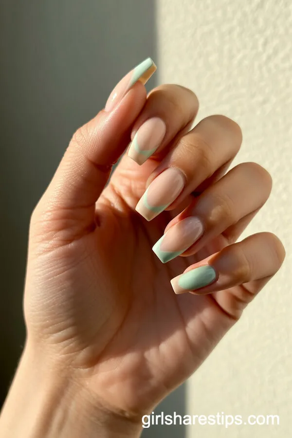 Coffin Nails with Sandy Beige and Pale Aqua Mood Ring Effect