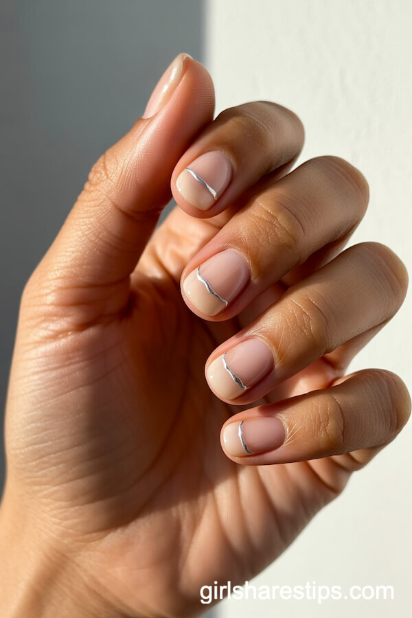 Sheer Blush Square Nails with Silver Horizontal Lines