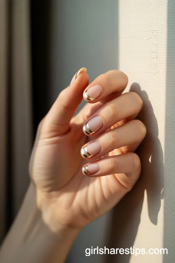 Sheer Nude Nails with Thin Gold Metallic Accents