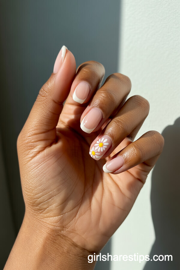 Clear Nude Ballerina Nails with Dainty Daisies