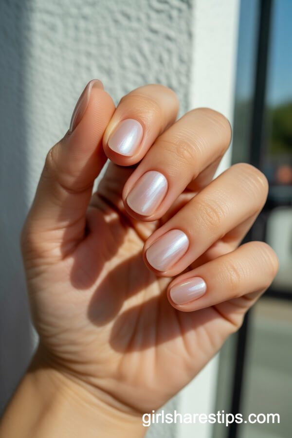 Translucent Pale Pink Round Nails with an Opalescent Shine