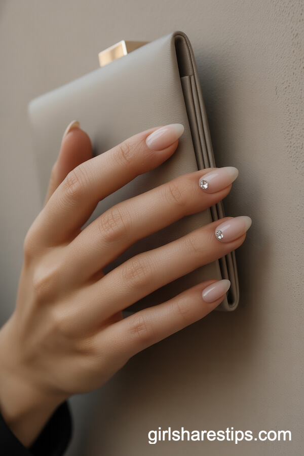 Neutral Almond Nails with Single Crystal Embellishments