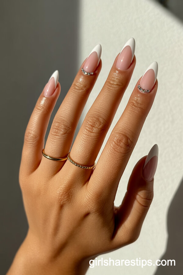 Modern French Almond Nails with Rhinestone Details