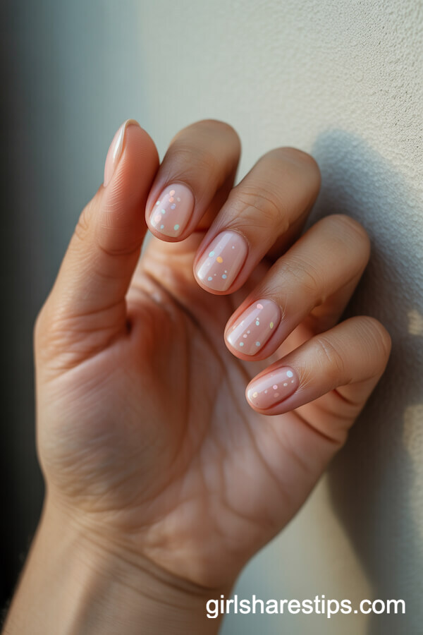 Transparent Pink Squoval Nails with Pastel Confetti Dots