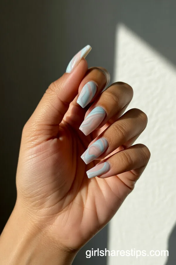Pale Blue and Pink Marble Coffin Nails