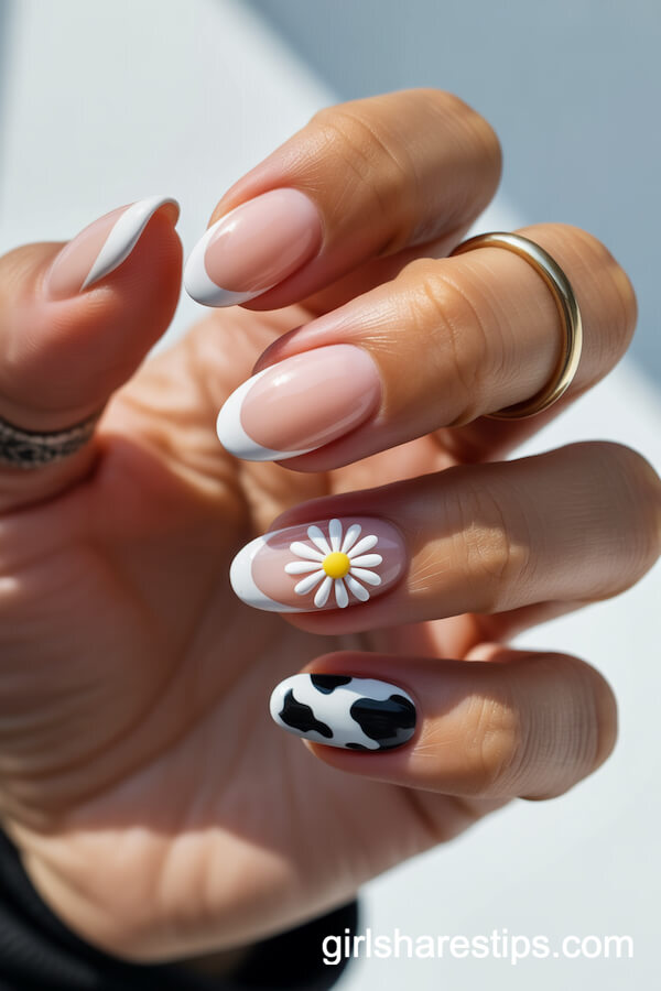Mixed Design Almond Nails: French, Daisy, and Cow Print