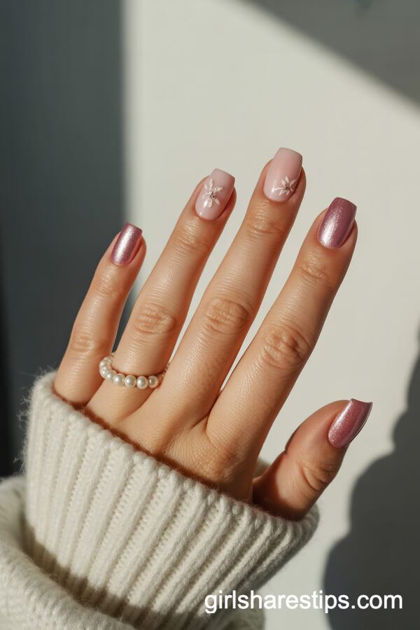 Metallic Pink Square Nails with White Floral Accents