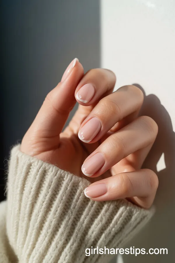 Sheer Blush Short Nails with Tiny White Hearts