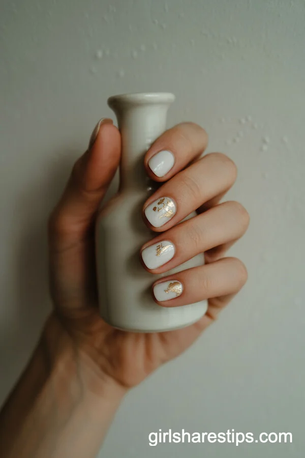 Milky White Round Nails with Delicate Gold Foil