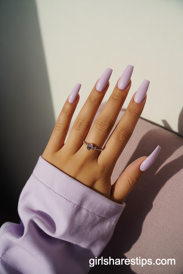 Light Lavender Coffin Nails with Crystal Accents