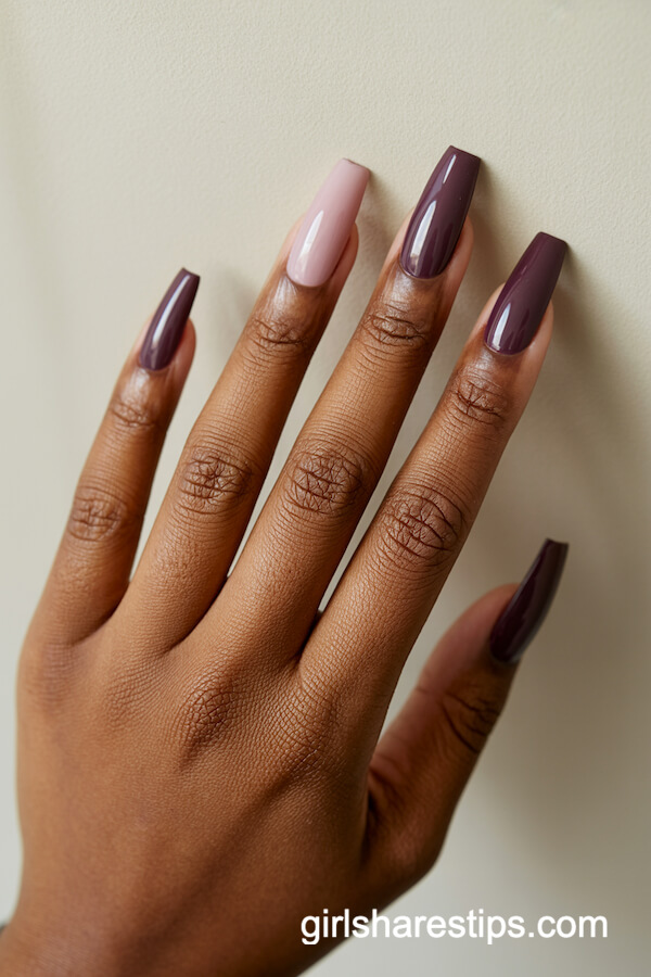 Smoked Plum Tapered Nails with Glossy Pinky Accent