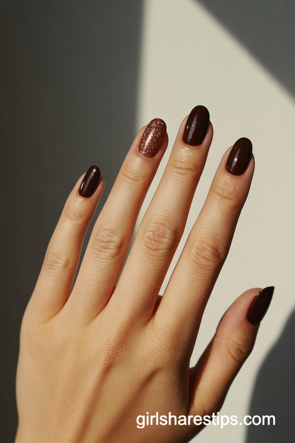 Espresso Brown Nails with Copper Glitter Accent