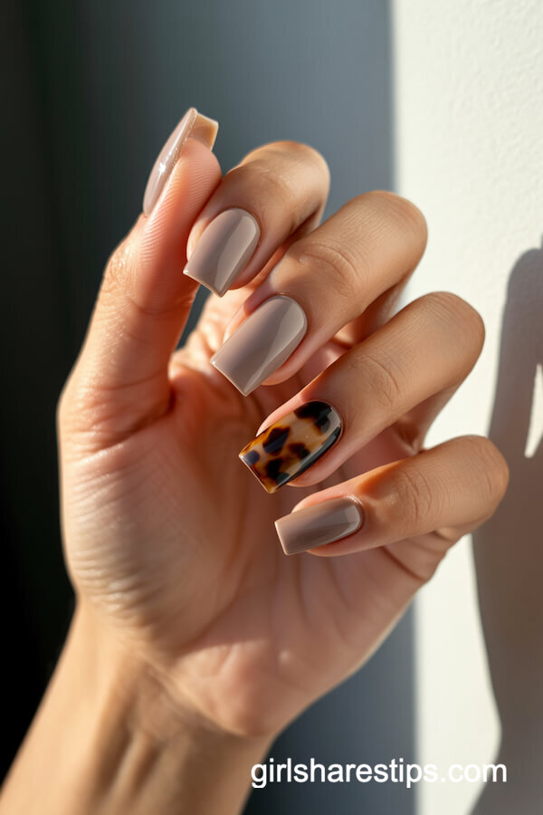 Taupe Coffin Nails with Tortoiseshell Accent