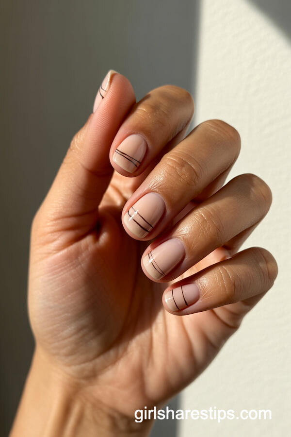 Beige Square Nails with Black Geometric Lines