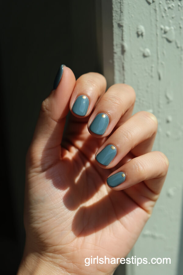 Dusty Blue Round Nails with Gold Dot Details