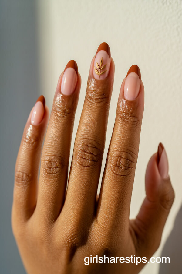 Cinnamon Micro French Tips with Gold Leaf Accent